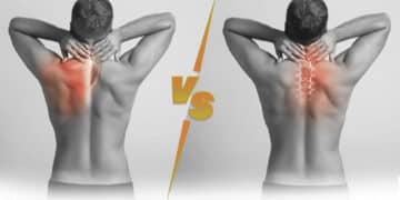 A man seen from behind holds his neck in both images. On the left, muscle areas often targeted by sports massage are highlighted in red. On the right, the spine is highlighted in red. The images are divided by a yellow VS.