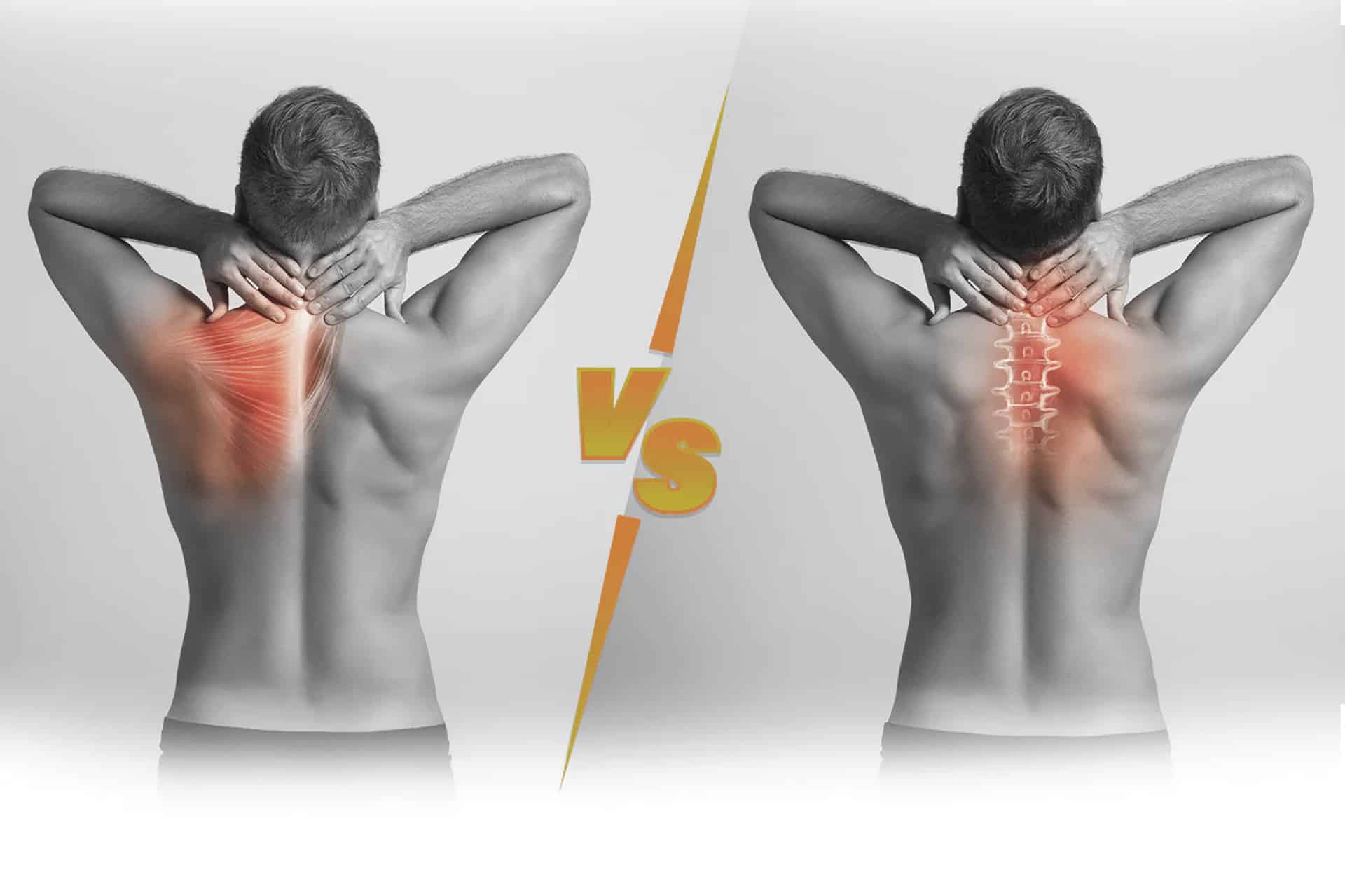 A man seen from behind holds his neck in both images. On the left, muscle areas often targeted by sports massage are highlighted in red. On the right, the spine is highlighted in red. The images are divided by a yellow VS.