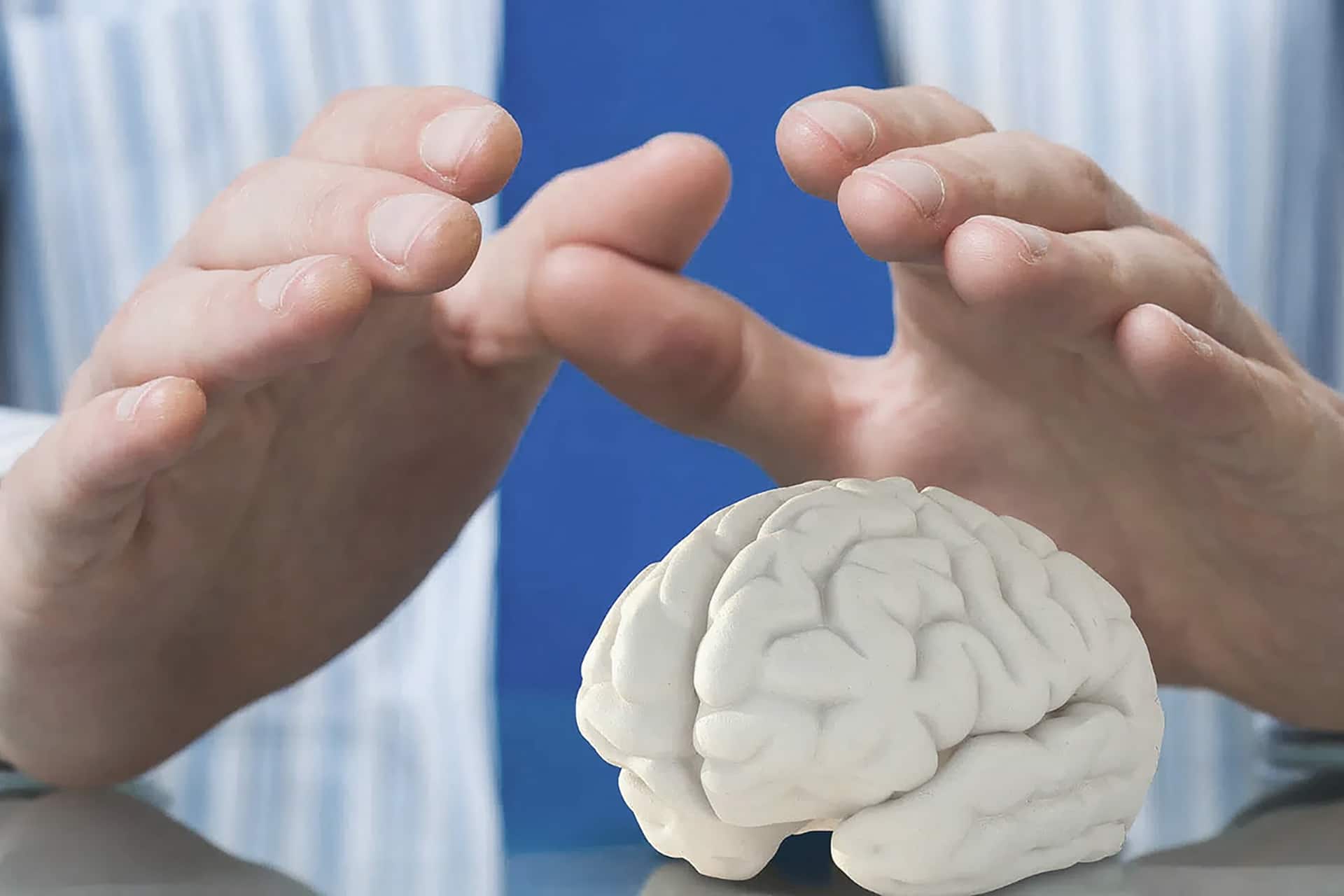 Two hands are positioned protectively around a small model of a human brain on a reflective surface, with a blue background and a person wearing a striped shirt partially visible.