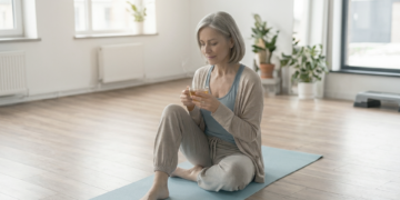 A woman with gray hair sits cross-legged on a yoga mat in a bright room, holding a cup with both hands. She appears relaxed after a pelvic health physiotherapy session. Plants and large windows brighten the comfortable space around her.