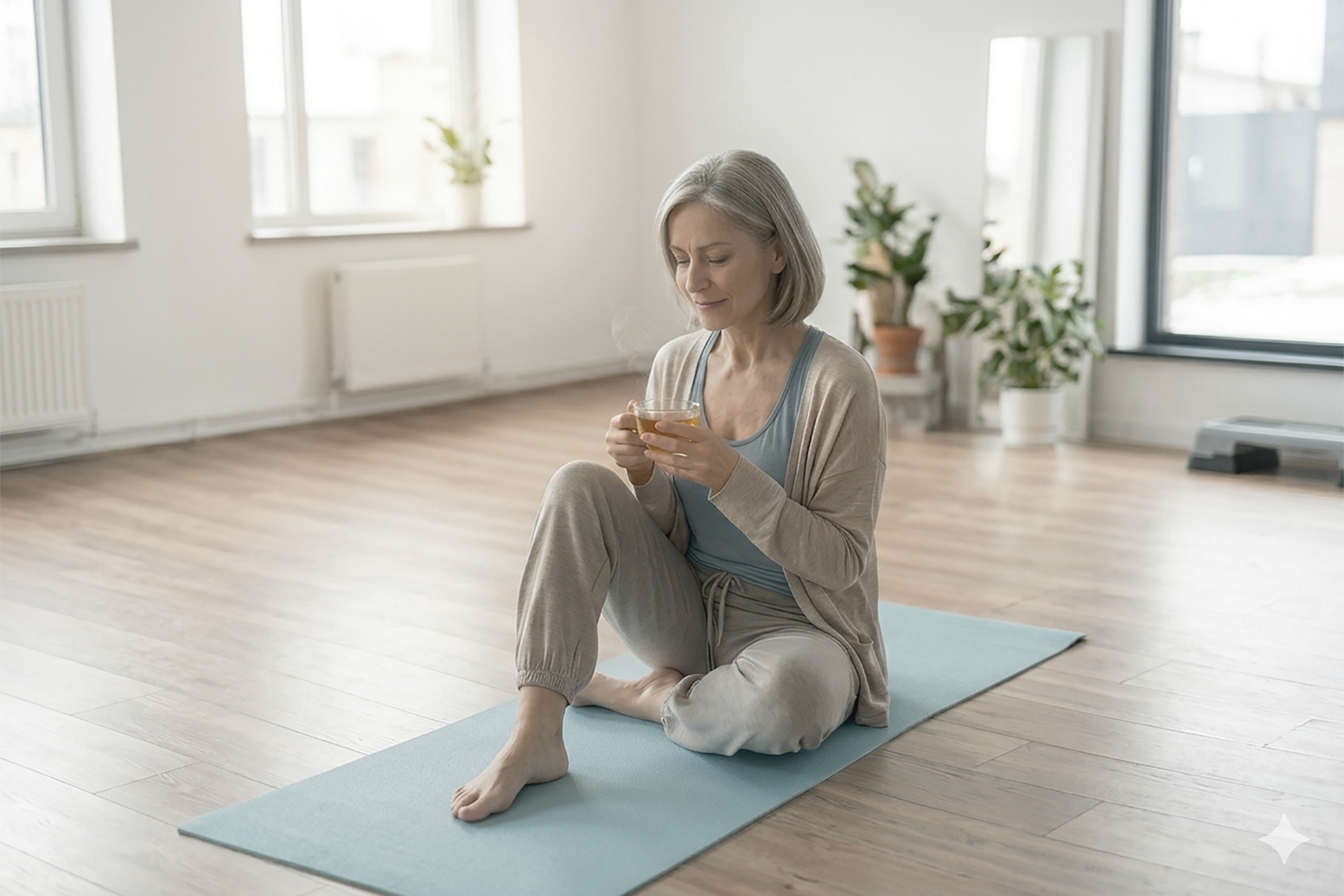 A woman with gray hair sits cross-legged on a yoga mat in a bright room, holding a cup with both hands. She appears relaxed after a pelvic health physiotherapy session. Plants and large windows brighten the comfortable space around her.